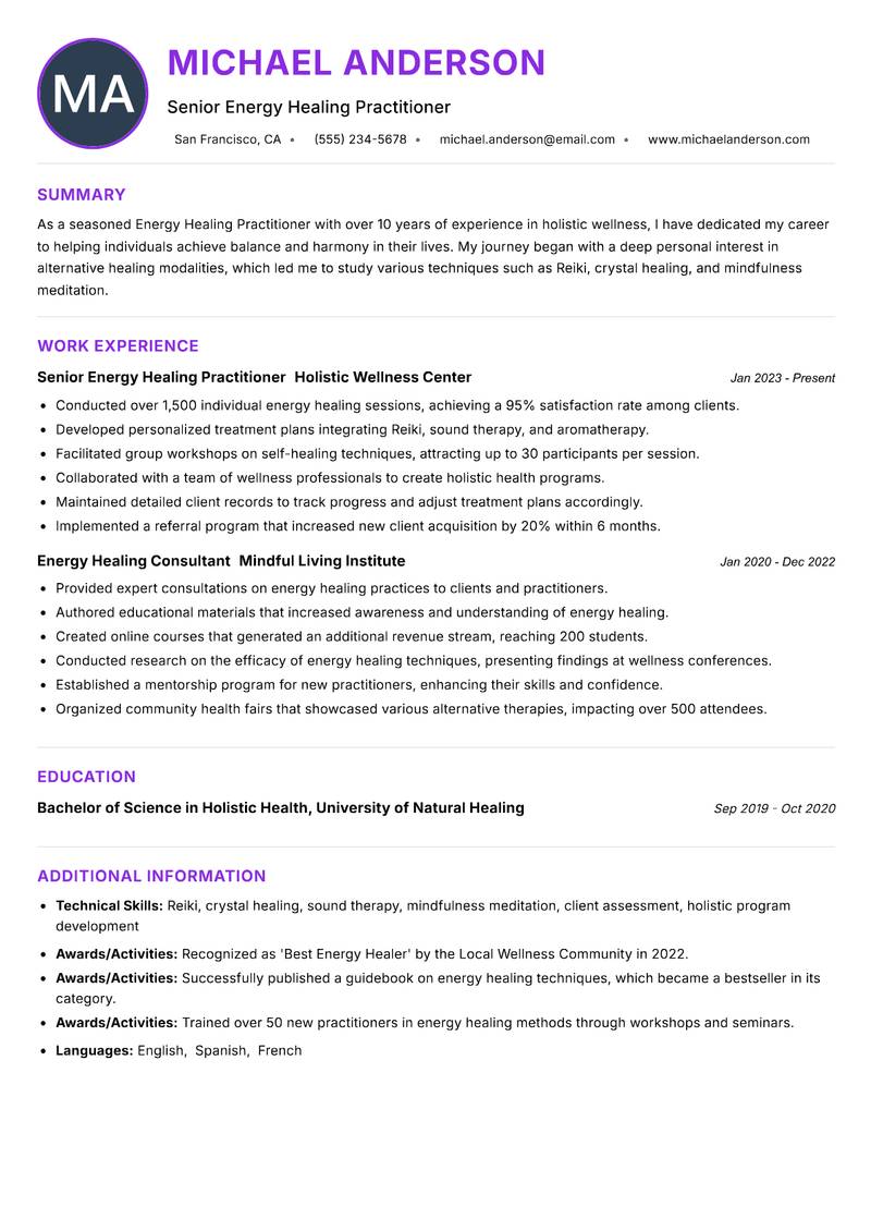 Energy Healing Practitioner resume example