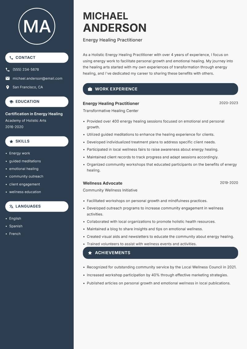 Energy Healing Practitioner resume sample — Energy Healing Practitioner focus