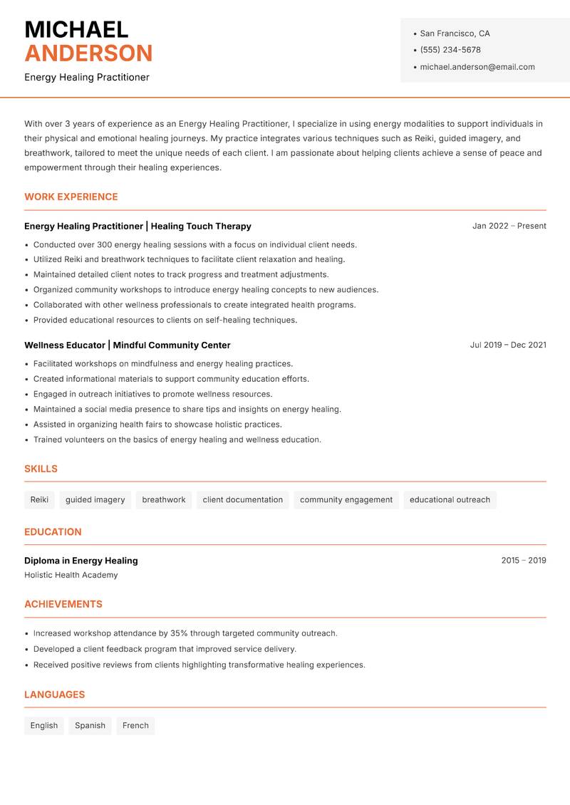 Energy Healing Practitioner resume sample — Energy Healing Practitioner focus