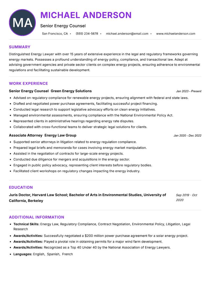 Energy Lawyer resume example