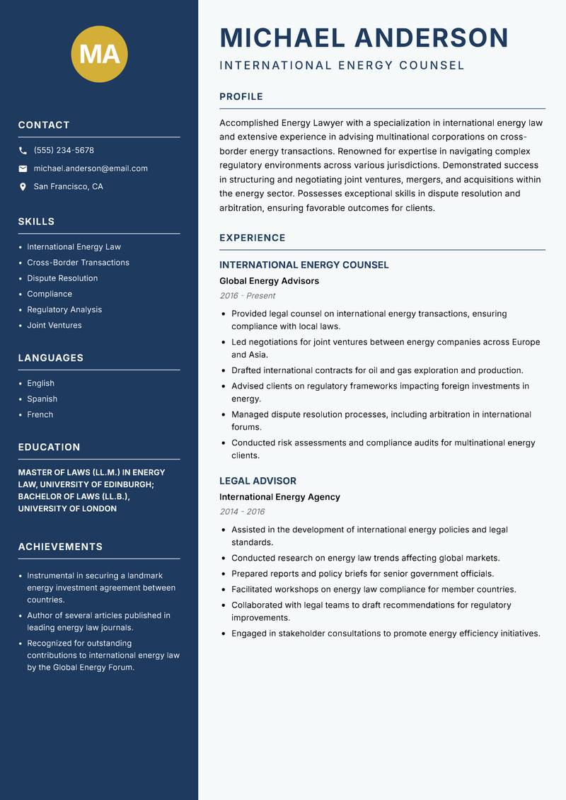 Energy Lawyer resume sample — International Energy Counsel focus