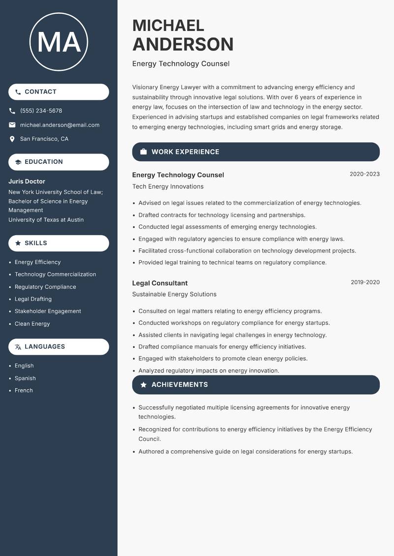 Energy Lawyer resume sample — Energy Technology Counsel focus