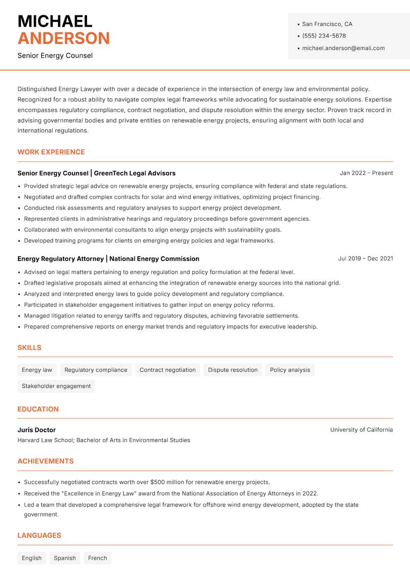 Energy Lawyer resume sample — Senior Energy Counsel focus