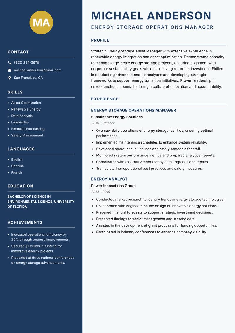 Energy Storage Asset Manager resume sample — Energy Storage Operations Manager focus