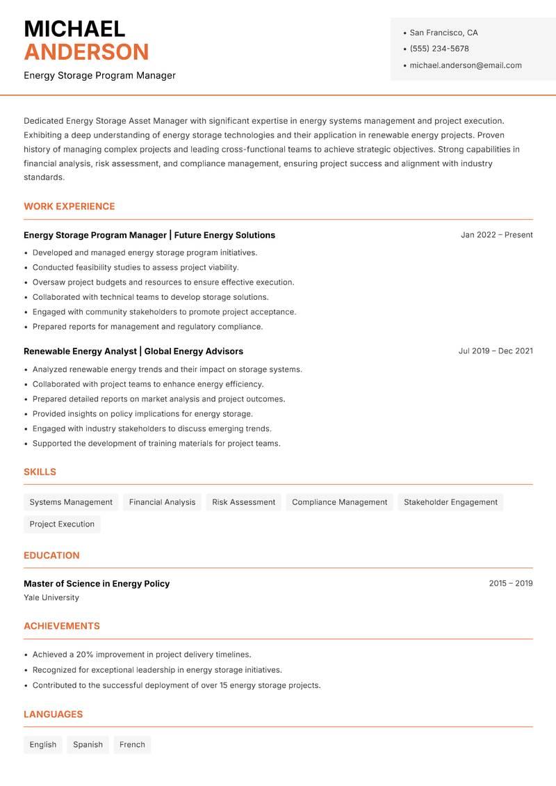Energy Storage Asset Manager resume sample — Energy Storage Program Manager focus