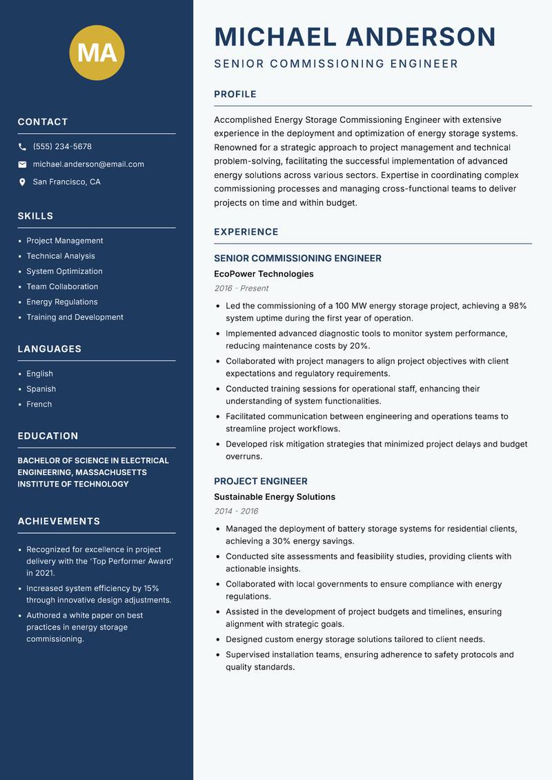 Energy Storage Commissioning Engineer resume sample — Senior Commissioning Engineer focus