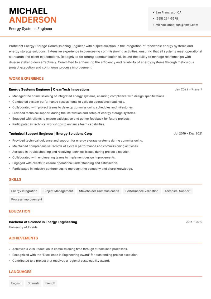 Energy Storage Commissioning Engineer resume sample — Energy Systems Engineer focus