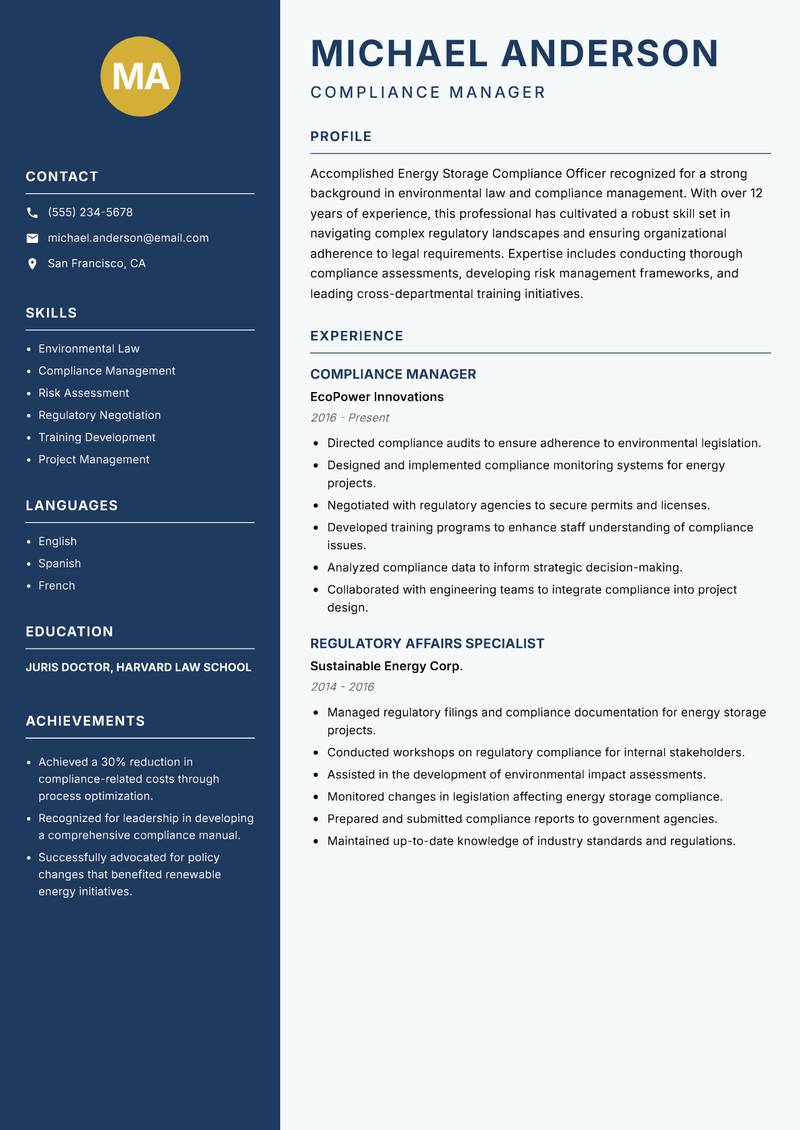 Energy Storage Compliance Officer resume sample — Compliance Manager focus
