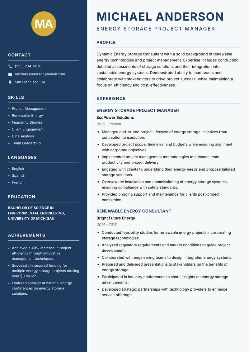 Energy Storage Consultant resume sample — Energy Storage Project Manager focus