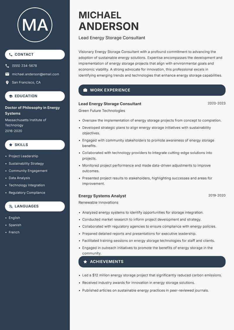 Energy Storage Consultant resume sample — Lead Energy Storage Consultant focus