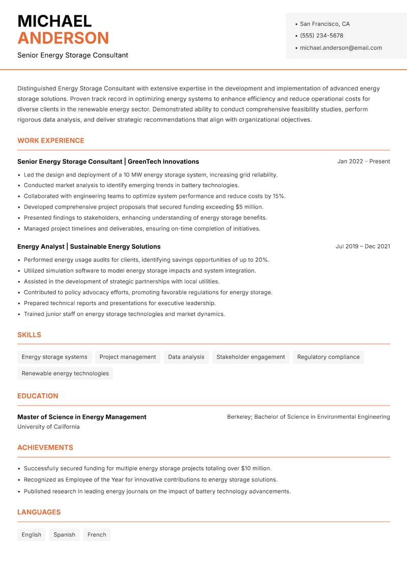 Energy Storage Consultant resume sample — Senior Energy Storage Consultant focus