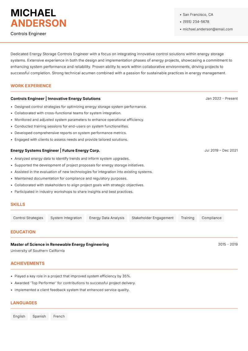 Energy Storage Controls Engineer resume sample — Controls Engineer focus