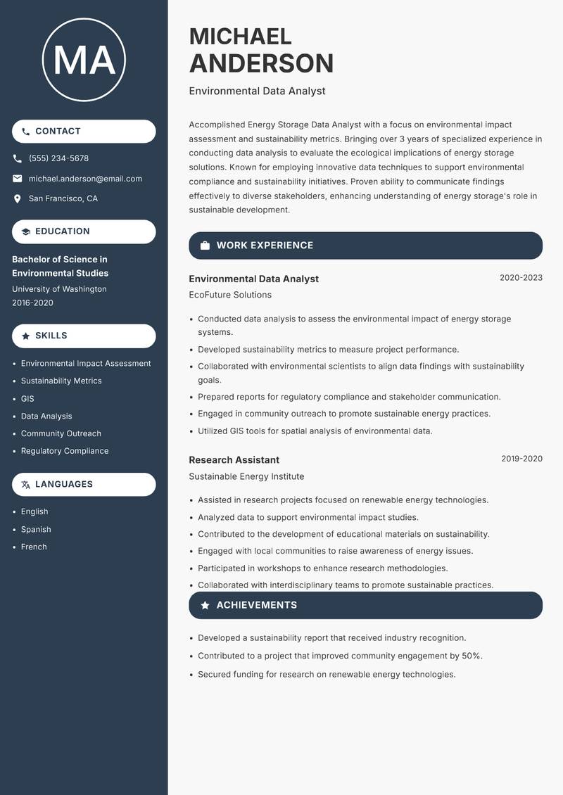 Energy Storage Data Analyst resume sample — Environmental Data Analyst focus