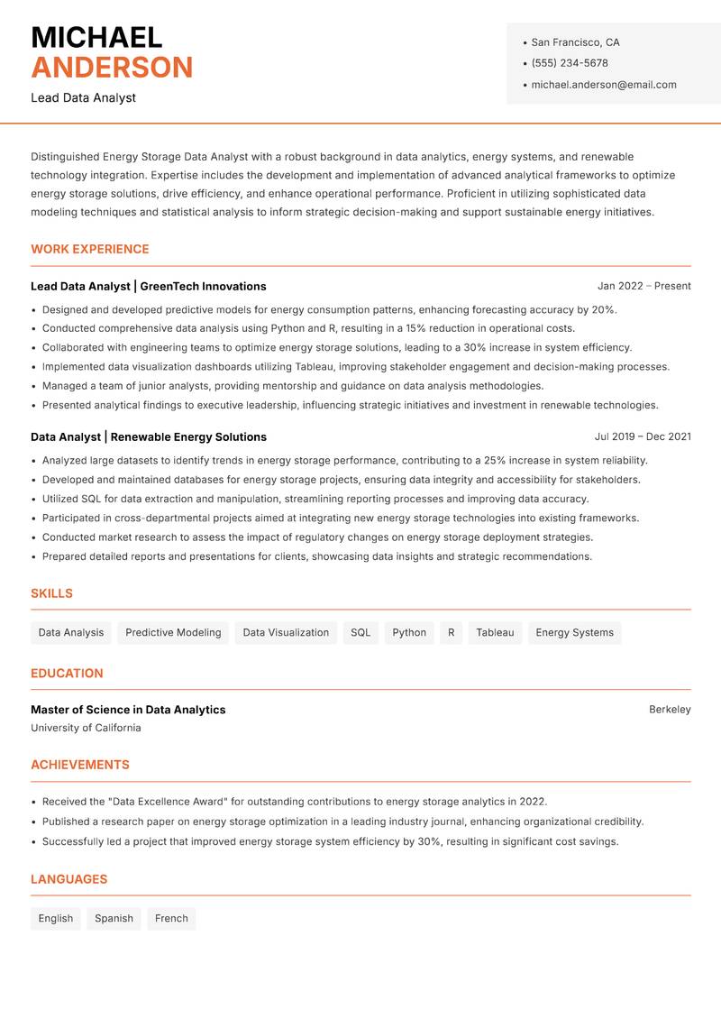 Energy Storage Data Analyst resume sample — Lead Data Analyst focus