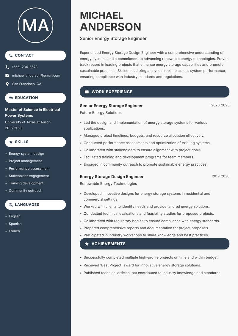 Energy Storage Design Engineer resume sample — Senior Energy Storage Engineer focus