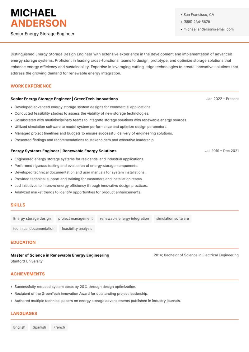 Energy Storage Design Engineer resume sample — Senior Energy Storage Engineer focus