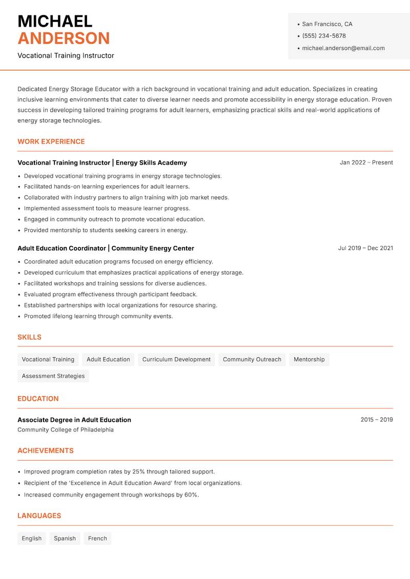 Energy Storage Educator resume sample — Vocational Training Instructor focus