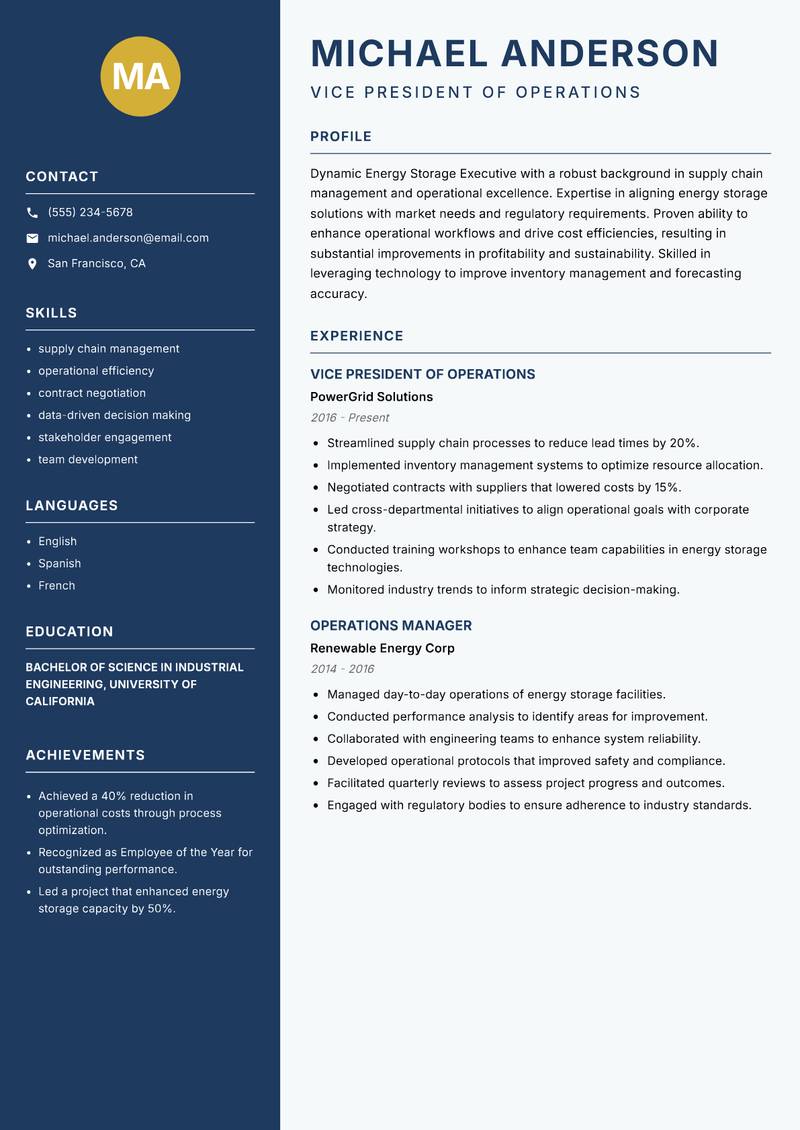 Energy Storage Executive resume sample — Vice President of Operations focus
