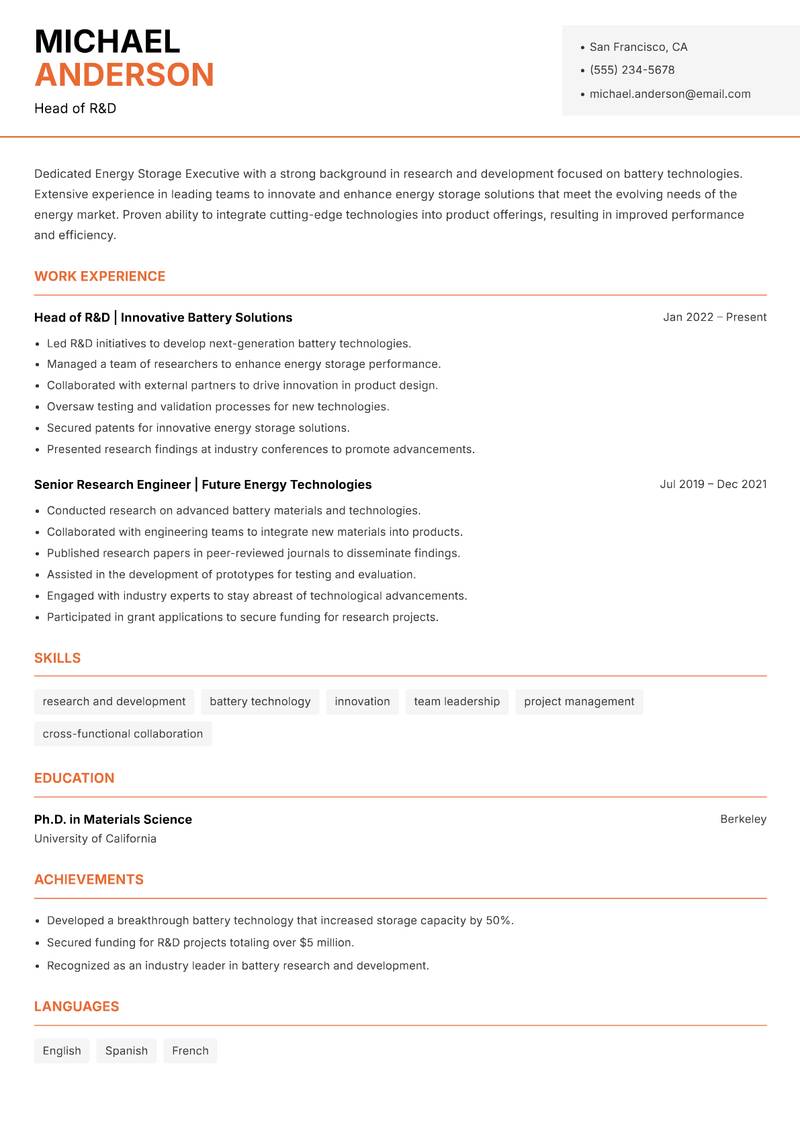 Energy Storage Executive resume sample — Head of R&D focus