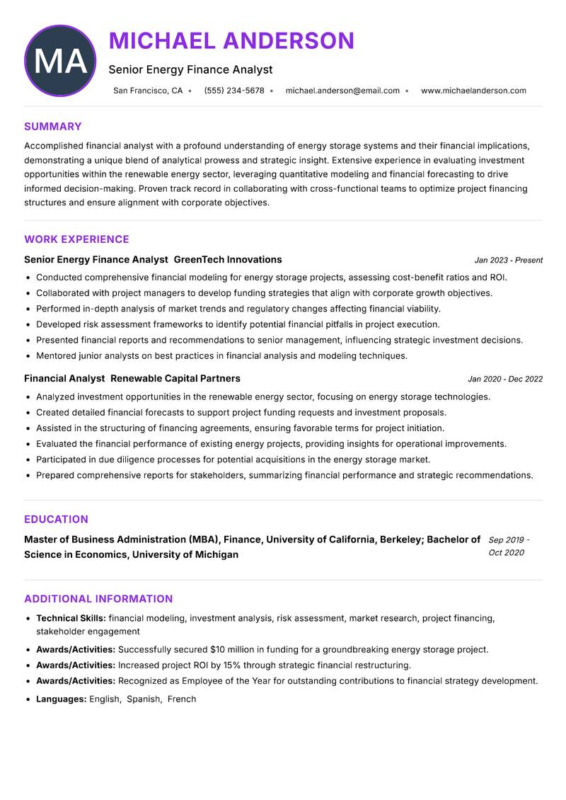 Energy Storage Finance Analyst resume example