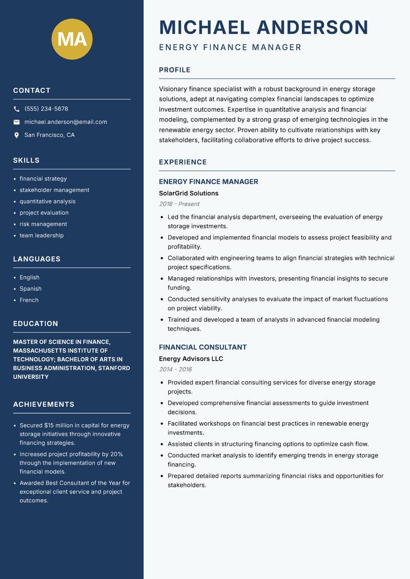Energy Storage Finance Analyst resume sample — Energy Finance Manager focus
