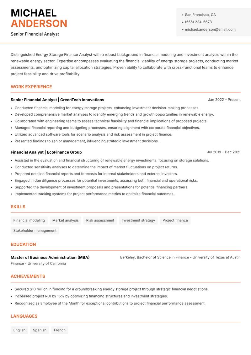 Energy Storage Finance Analyst resume sample — Senior Financial Analyst focus