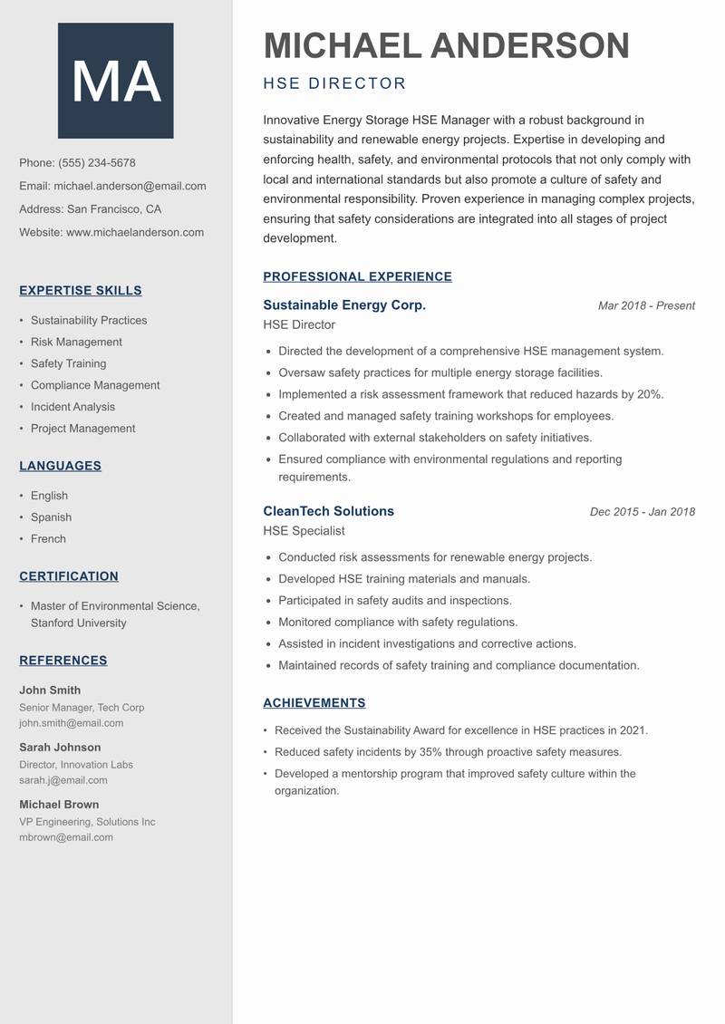 Energy Storage HSE Manager resume sample — HSE Director focus