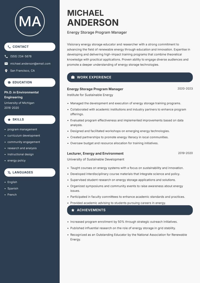 Energy Storage Instructor resume sample — Energy Storage Program Manager focus