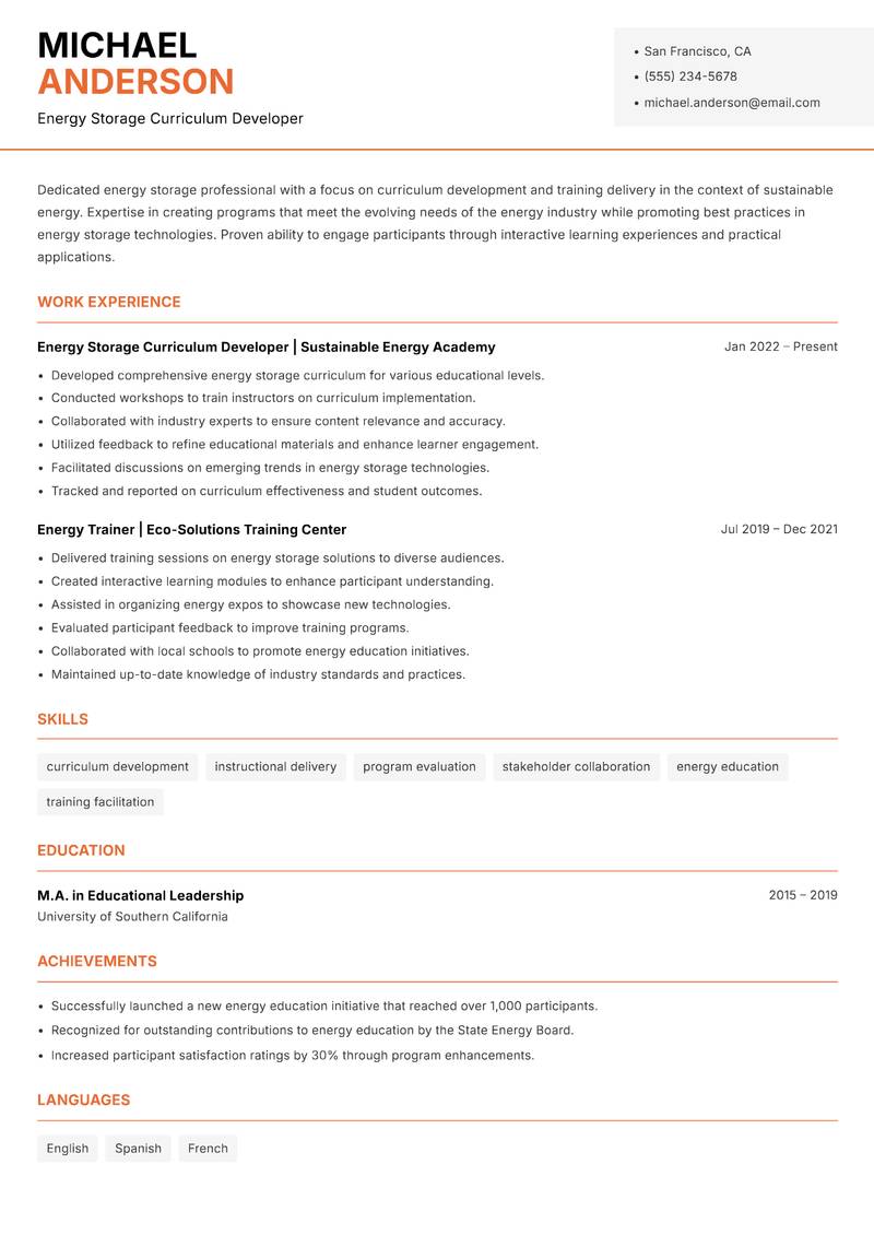 Energy Storage Instructor resume sample — Energy Storage Curriculum Developer focus