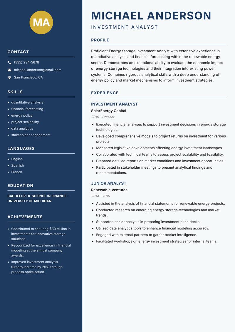 Energy Storage Investment Analyst resume sample — Investment Analyst focus