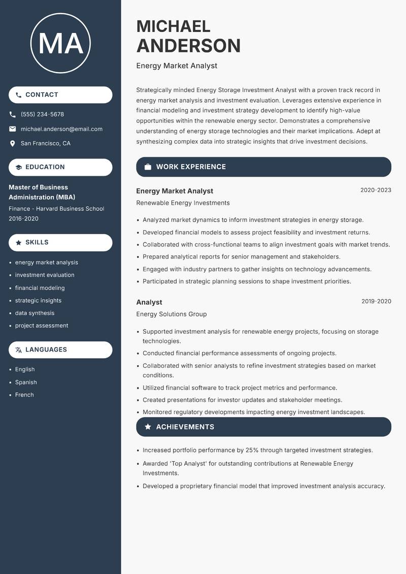 Energy Storage Investment Analyst resume sample — Energy Market Analyst focus