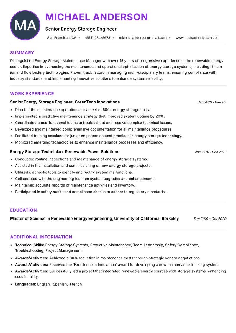 Energy Storage Maintenance Manager resume example