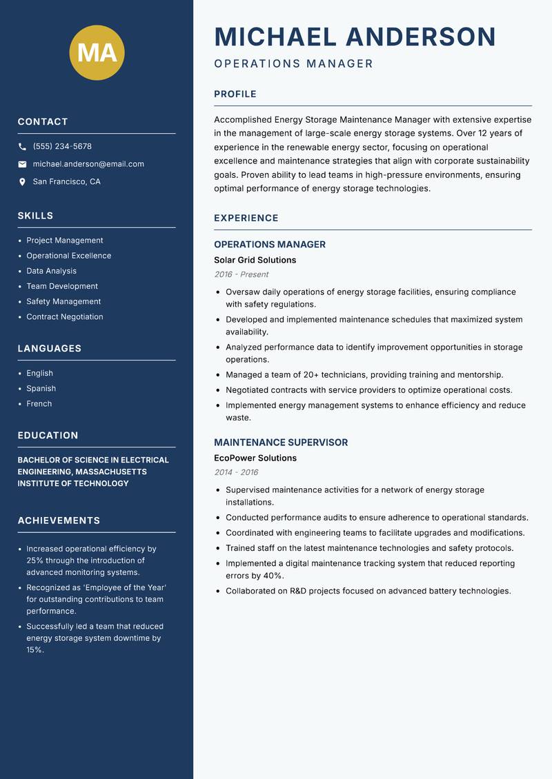 Energy Storage Maintenance Manager resume sample — Operations Manager focus
