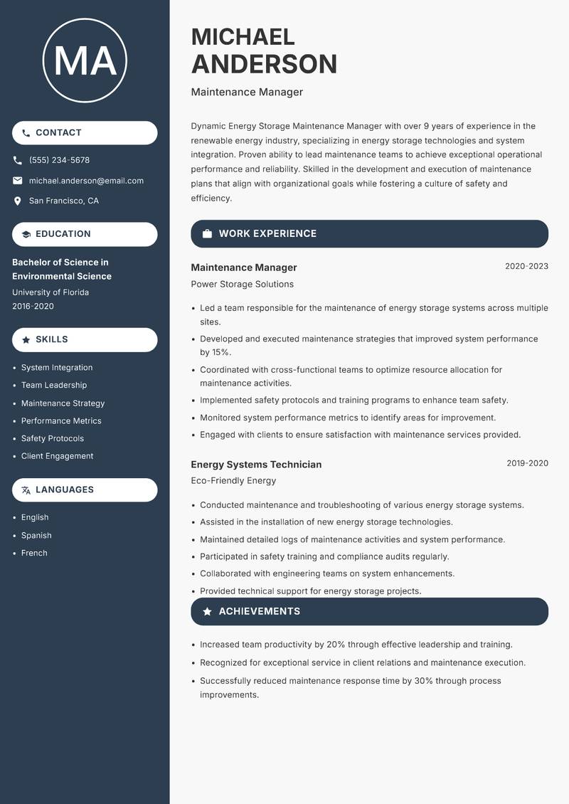 Energy Storage Maintenance Manager resume sample — Maintenance Manager focus
