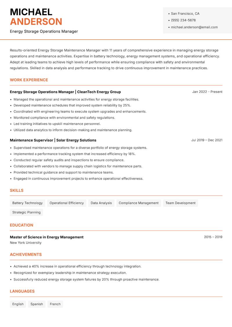 Energy Storage Maintenance Manager resume sample — Energy Storage Operations Manager focus