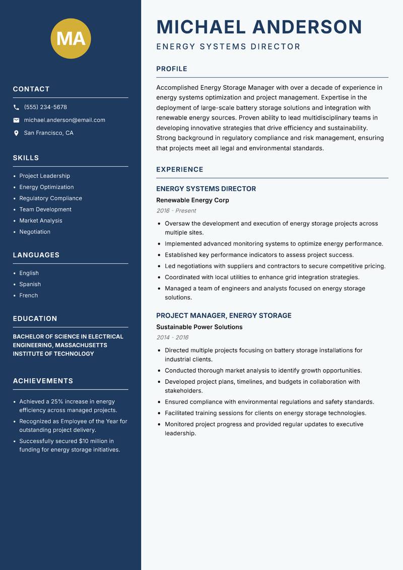 Energy Storage Manager resume sample — Energy Systems Director focus