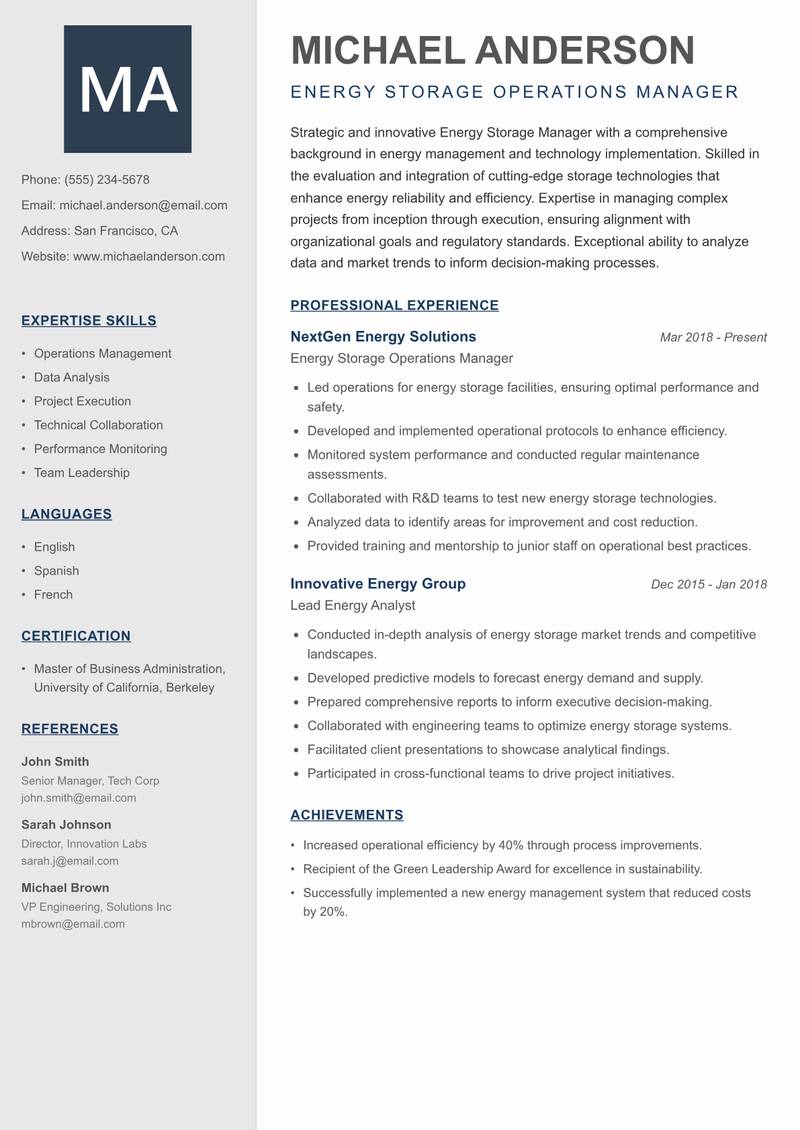 Energy Storage Manager resume sample — Energy Storage Operations Manager focus