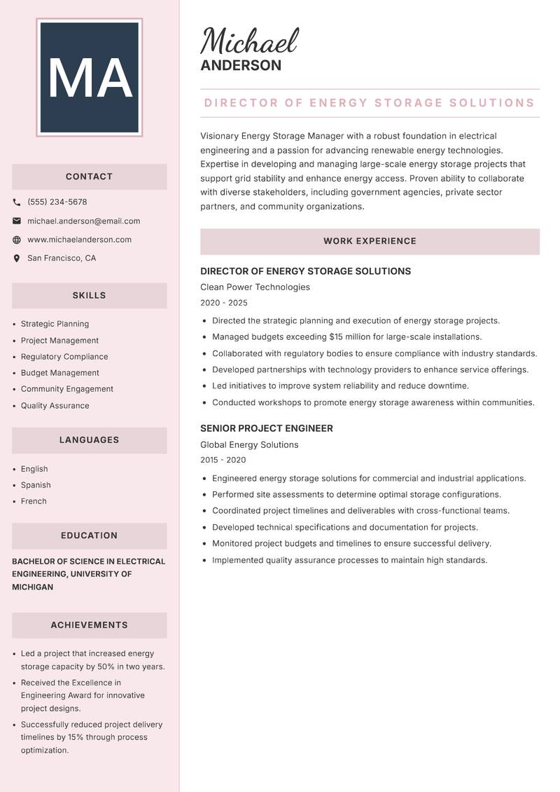 Energy Storage Manager resume sample — Director of Energy Storage Solutions focus