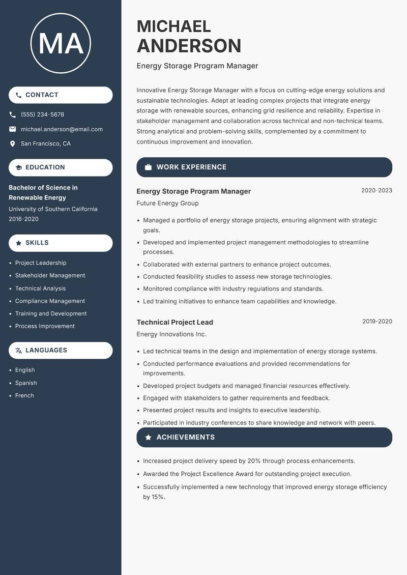 Energy Storage Manager resume sample — Energy Storage Program Manager focus