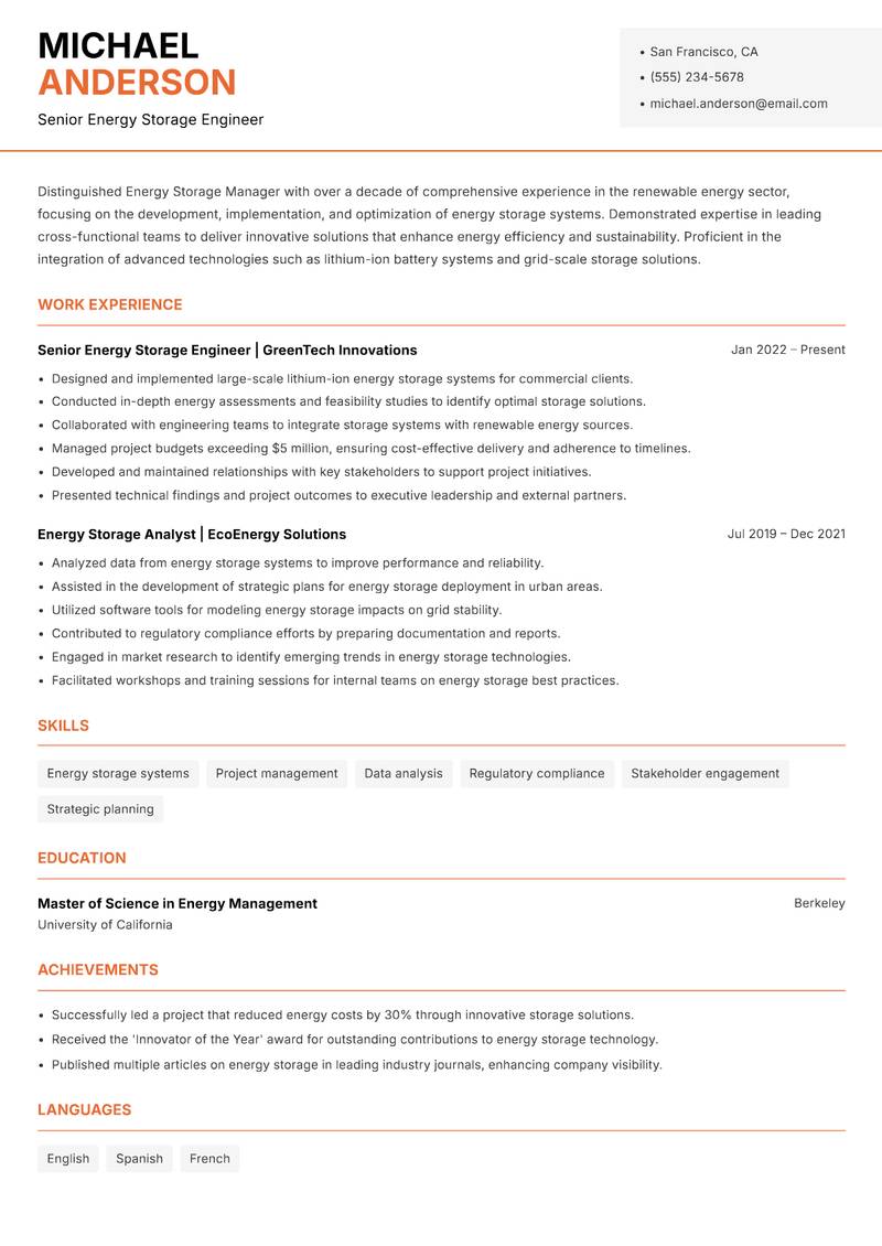Energy Storage Manager resume sample — Senior Energy Storage Engineer focus