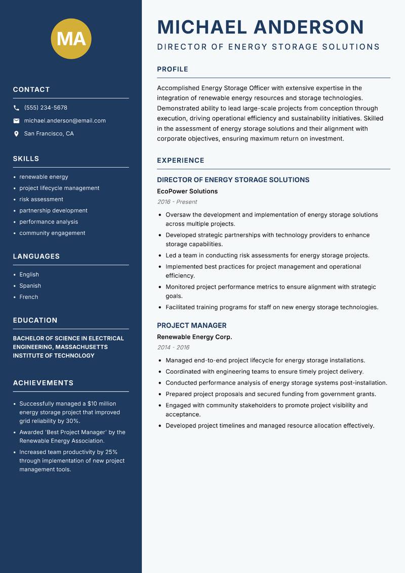 Energy Storage Officer resume sample — Director of Energy Storage Solutions focus