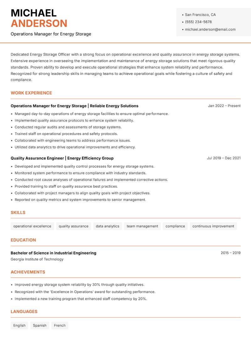 Energy Storage Officer resume sample — Operations Manager for Energy Storage focus
