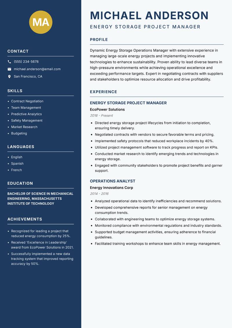 Energy Storage Operations Manager resume sample — Energy Storage Project Manager focus