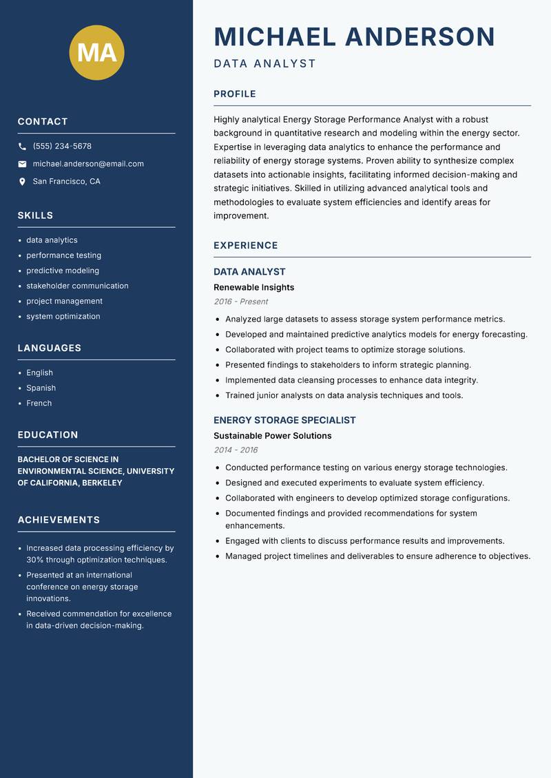 Energy Storage Performance Analyst resume sample — Data Analyst focus