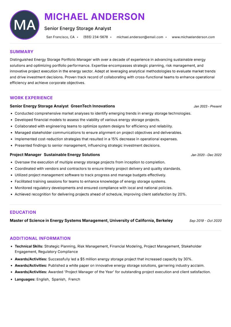 Energy Storage Portfolio Manager resume example