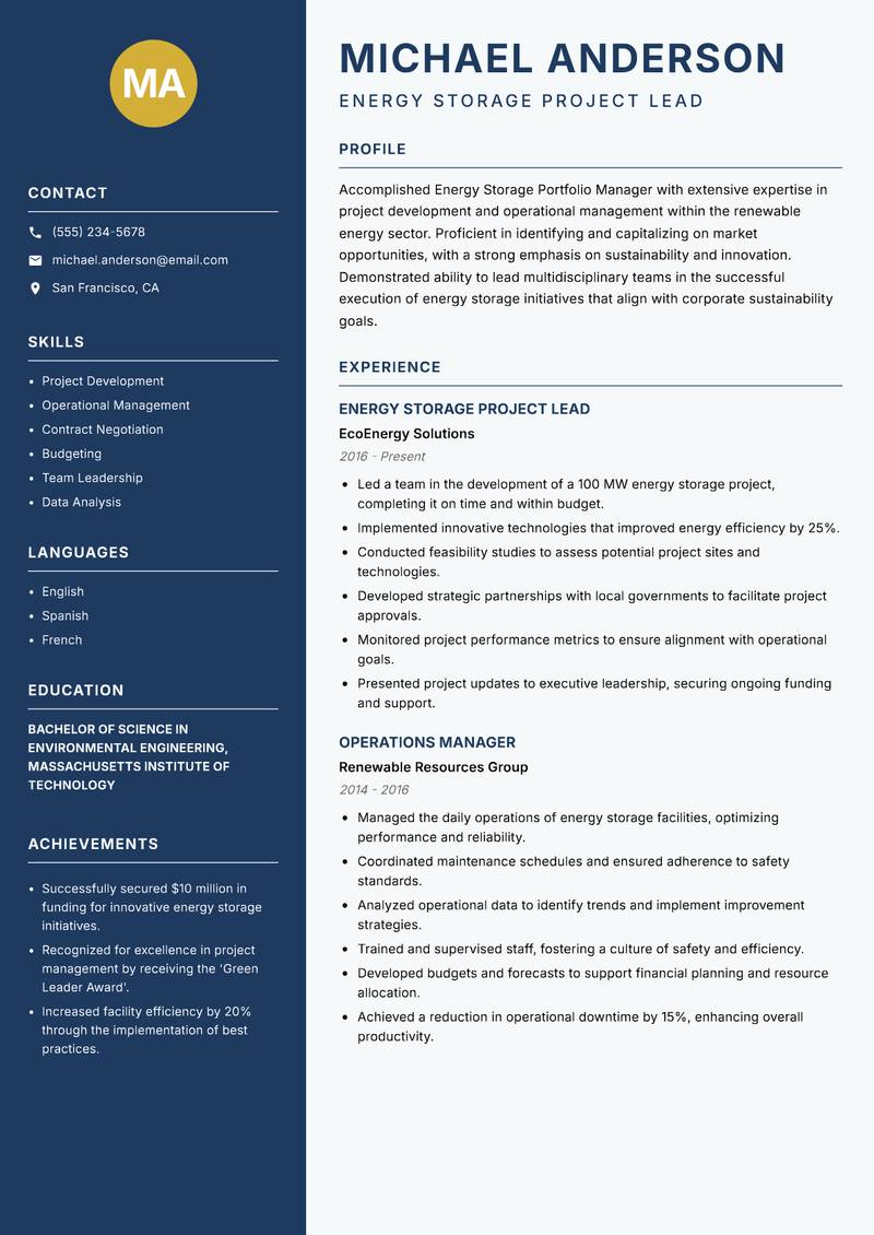 Energy Storage Portfolio Manager resume sample — Energy Storage Project Lead focus