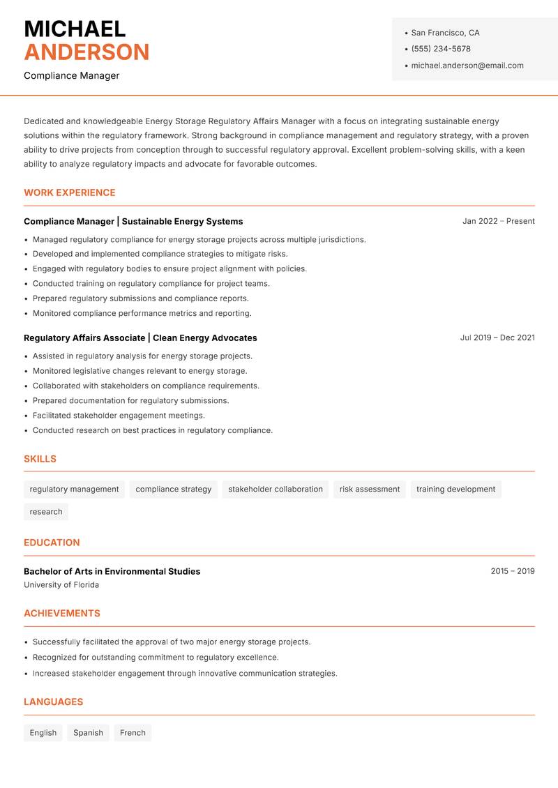 Energy Storage Regulatory Affairs Manager resume sample — Compliance Manager focus