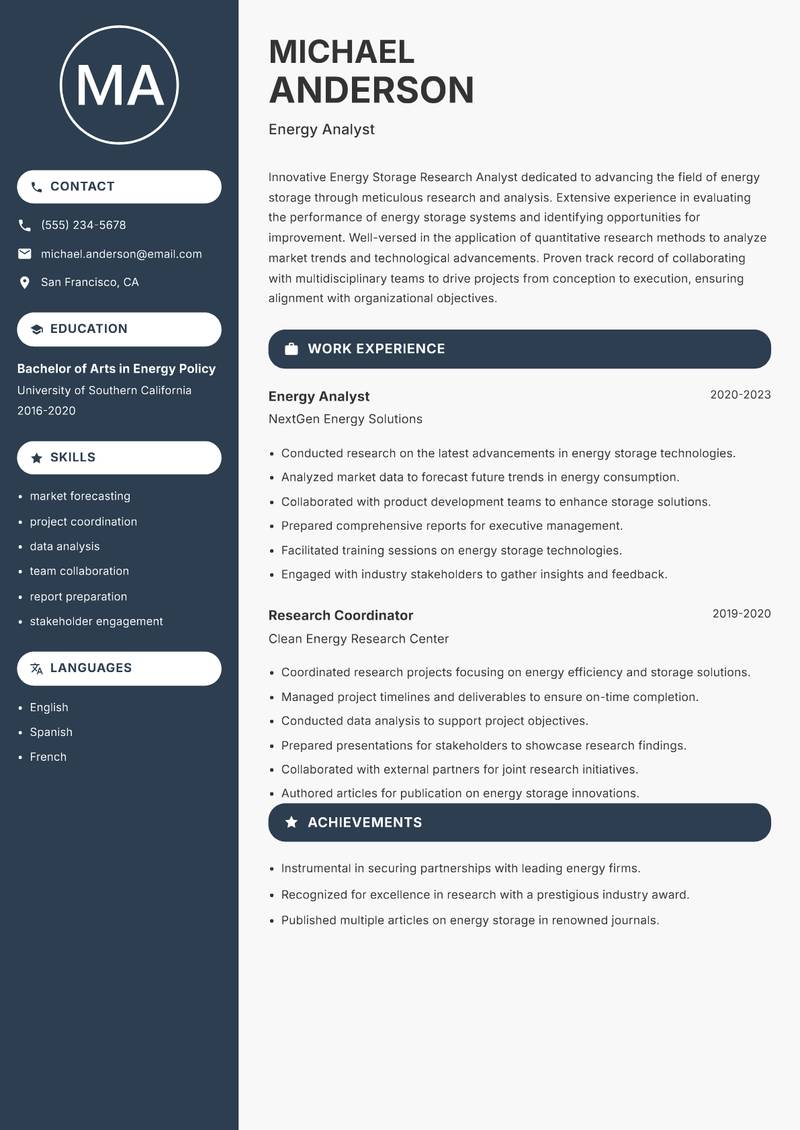 Energy Storage Research Analyst resume sample — Energy Analyst focus