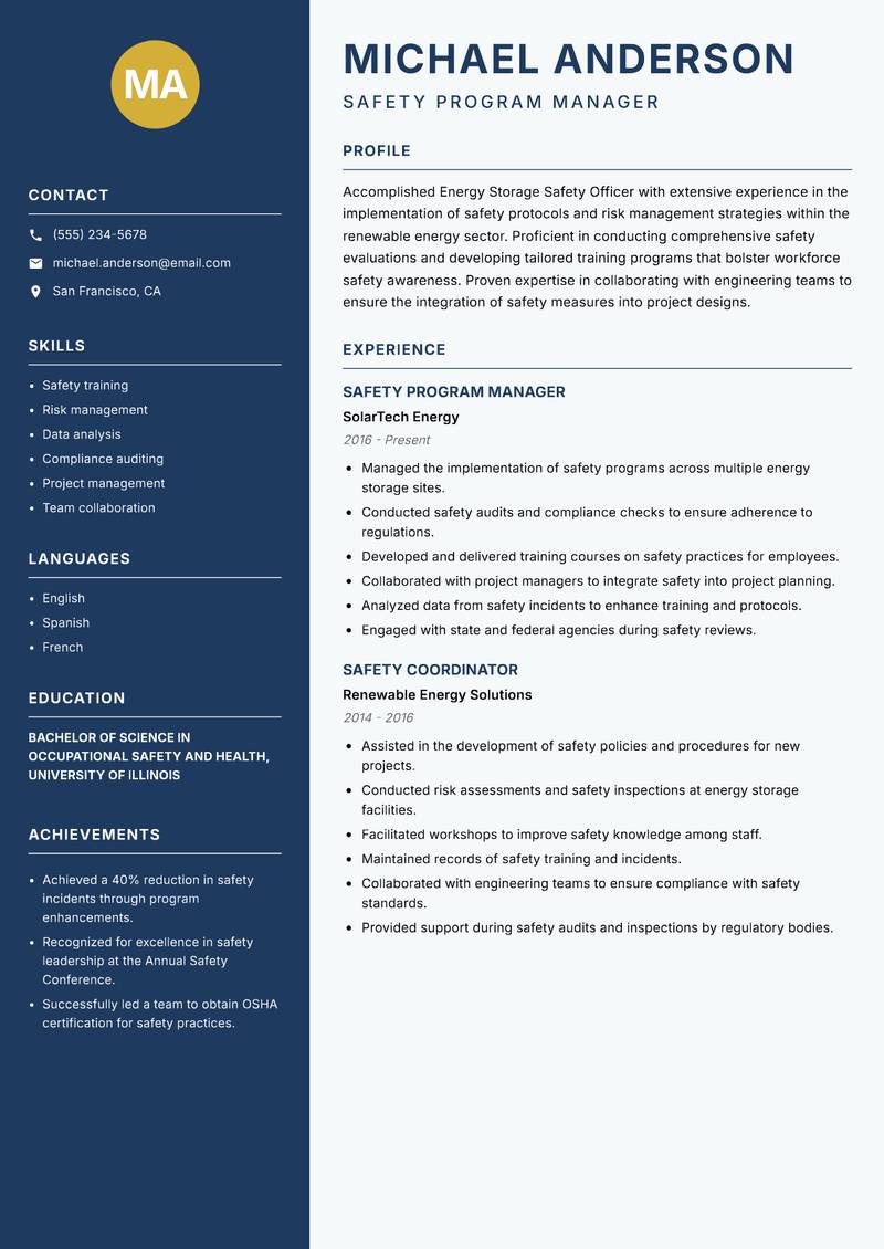 Energy Storage Safety Officer resume sample — Safety Program Manager focus