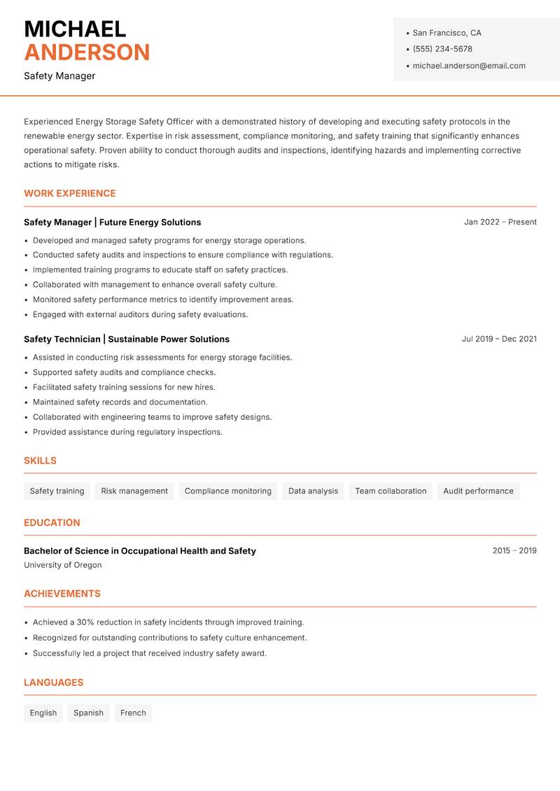 Energy Storage Safety Officer resume sample — Safety Manager focus
